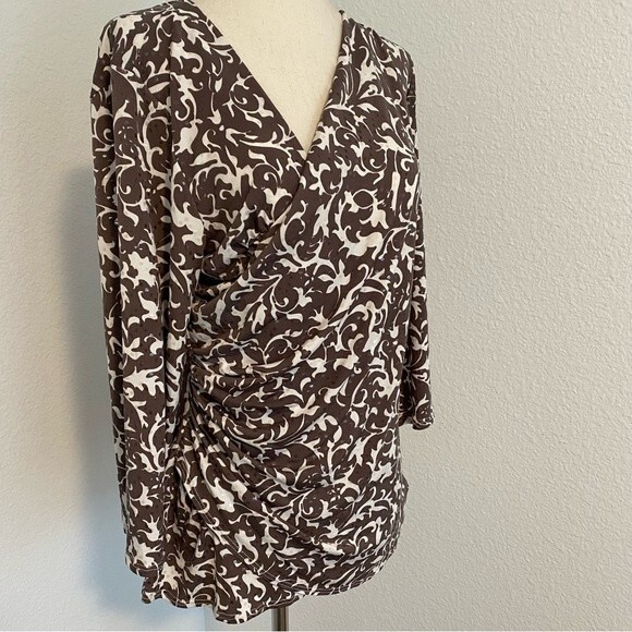 NWT Shimmer Ruche Asymmetrical Neck 3/4 sleeve Floral Taupe Top by JBS Size S - Picture 5 of 10